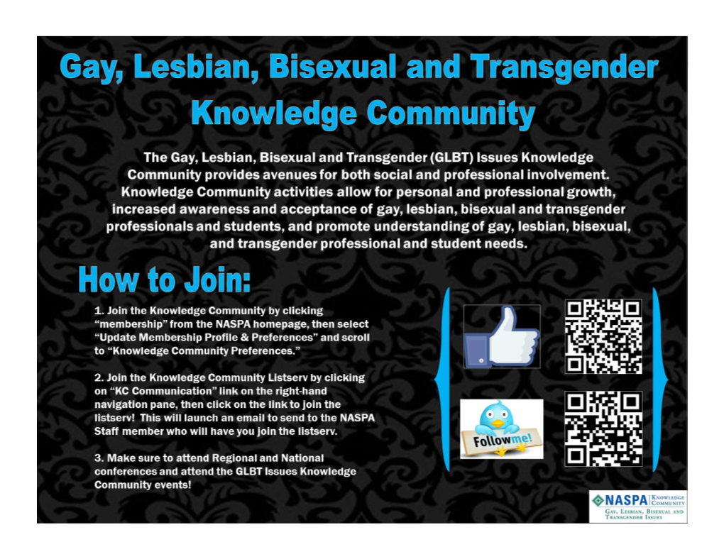 The Gay, Lesbian, Bisexual and Transgender (GLBT) Issues Knowledge Community Provides Avenues for Both Social and Professional Involvement