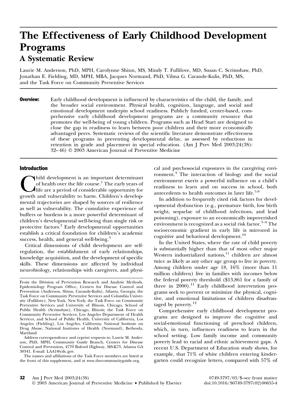 The Effectiveness of Early Childhood Development Programs a Systematic Review Laurie M