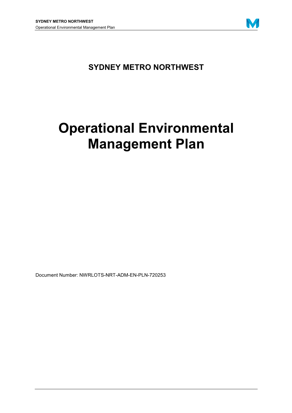 SYDNEY METRO NORTHWEST Operational Environmental Management Plan