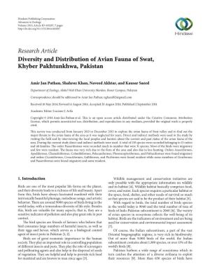 Research Article Diversity and Distribution of Avian Fauna of Swat, Khyber Pakhtunkhwa, Pakistan