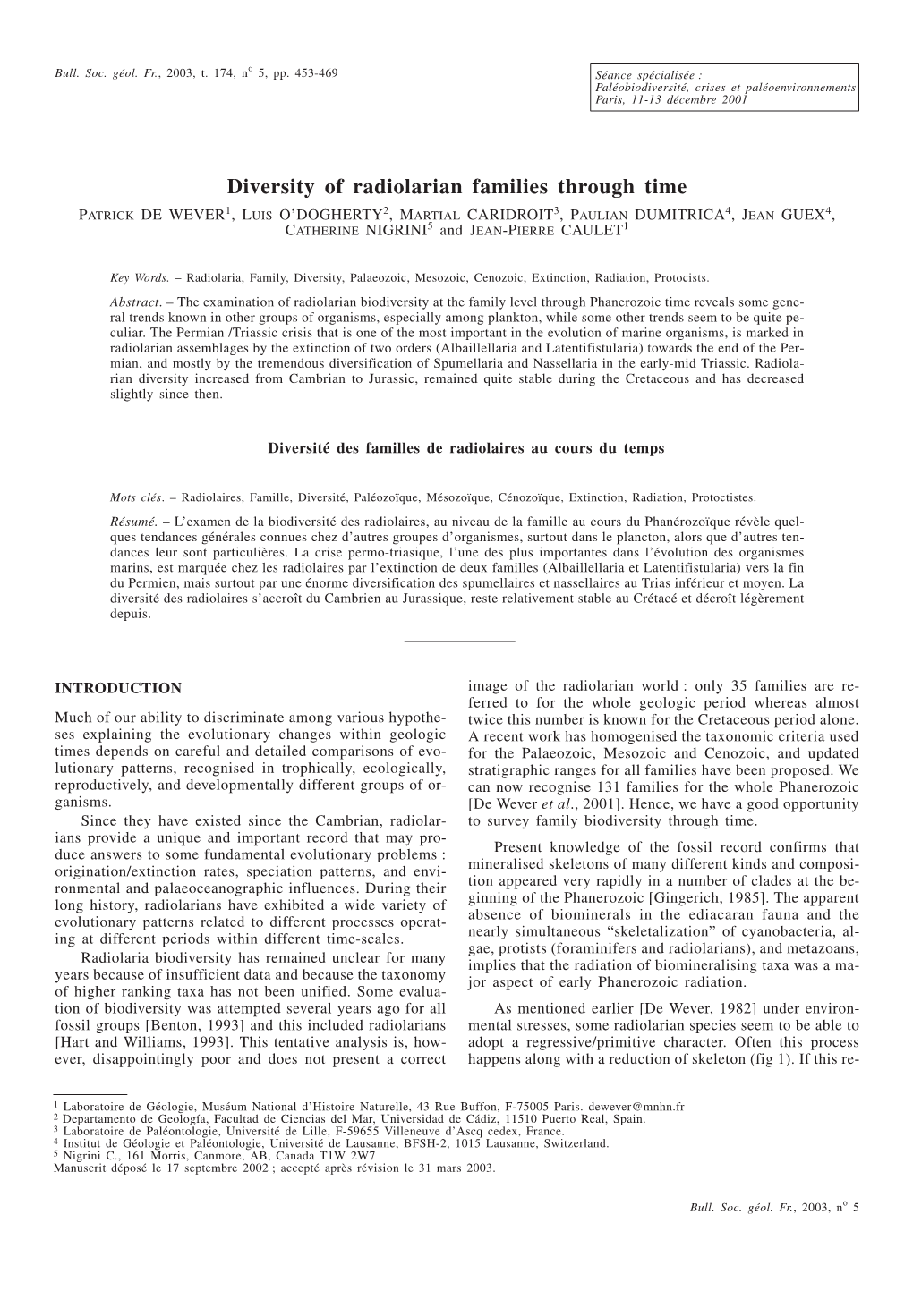 Diversity of Radiolarian Families Through Time