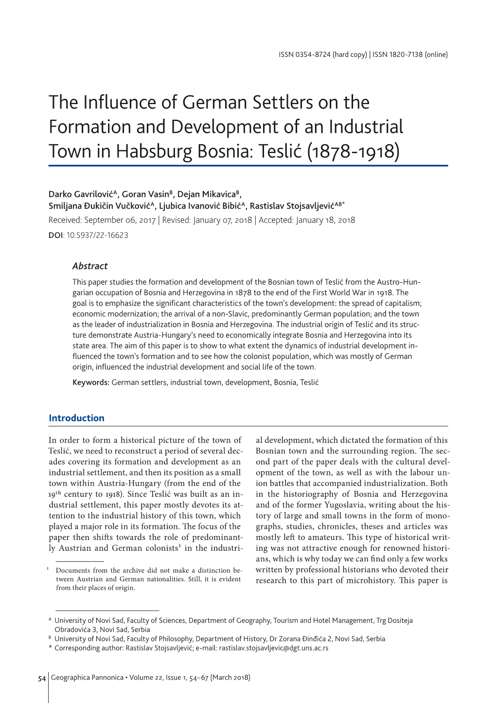 The Influence of German Settlers on the Formation and Development of an Industrial Town in Habsburg Bosnia: Teslić (1878-1918)