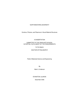 NORTHWESTERN UNIVERSITY Excitons, Photons, and Plasmons In