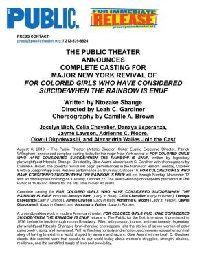 The Public Theater Announces Complete Casting for Major New York Revival of for Colored Girls Who Have Considered Suicide/When the Rainbow Is Enuf