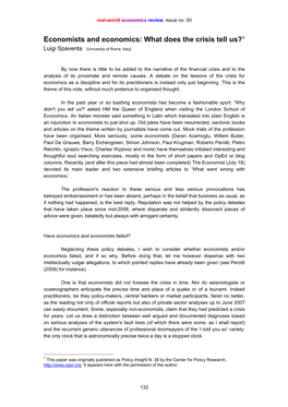 Economists and Economics: What Does the Crisis Tell Us?1 Luigi Spaventa [University of Rome, Italy]