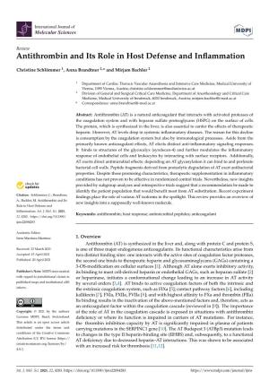 Antithrombin and Its Role in Host Defense and Inflammation