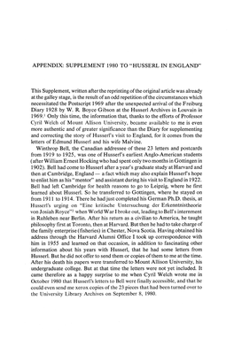 APPENDIX: SUPPLEMENT 1980 to "HUSSERL in ENGLAND" This