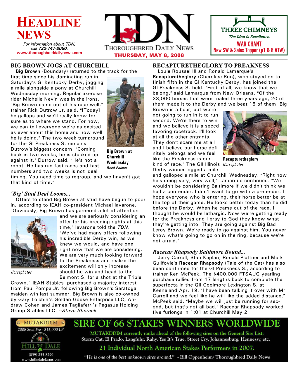 HEADLINE NEWS for Information About TDN, WAR CHANT Call 732-747-8060