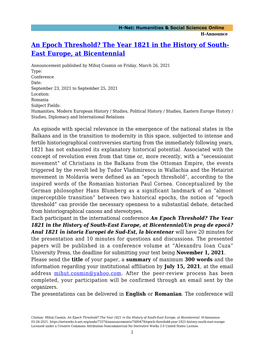An Epoch Threshold? the Year 1821 in the History of South- East Europe, at Bicentennial