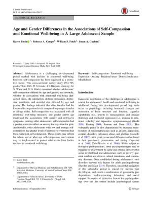 Age and Gender Differences in the Associations of Self-Compassion and Emotional Well-Being in a Large Adolescent Sample
