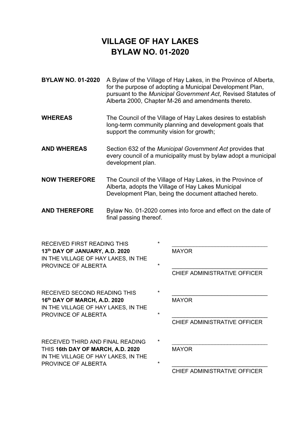 Village of Hay Lakes Bylaw No. 01-2020