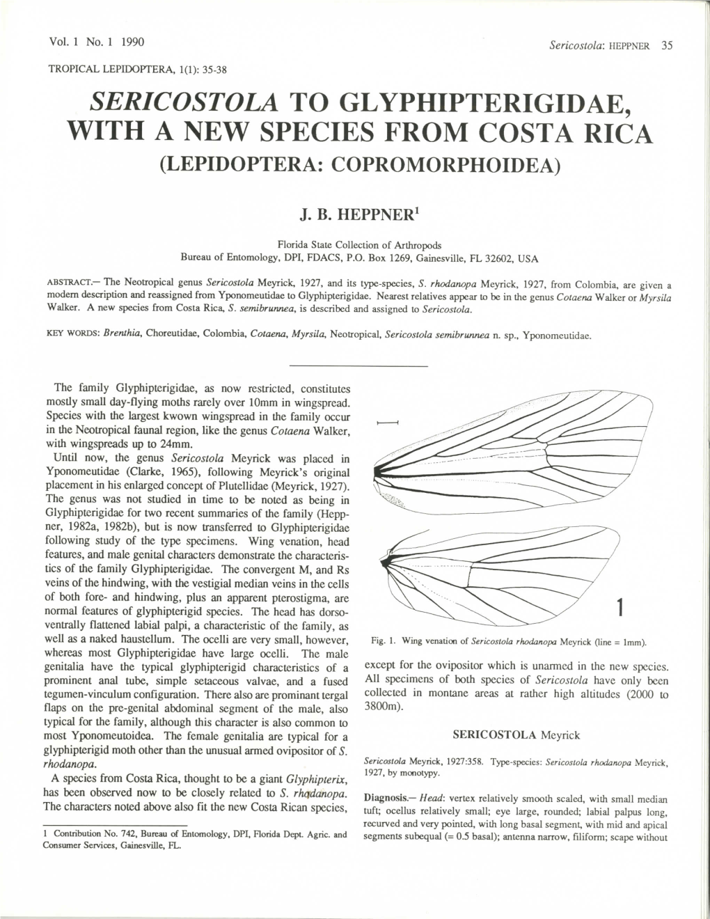 Sericostola to Glyphipterigidae, with a New Species from Costa Rica (Lepidoptera: Copromorphoidea)