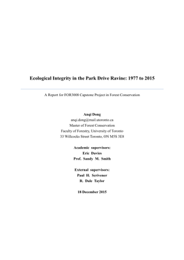 Ecological Integrity in the Park Drive Ravine: 1977 to 2015