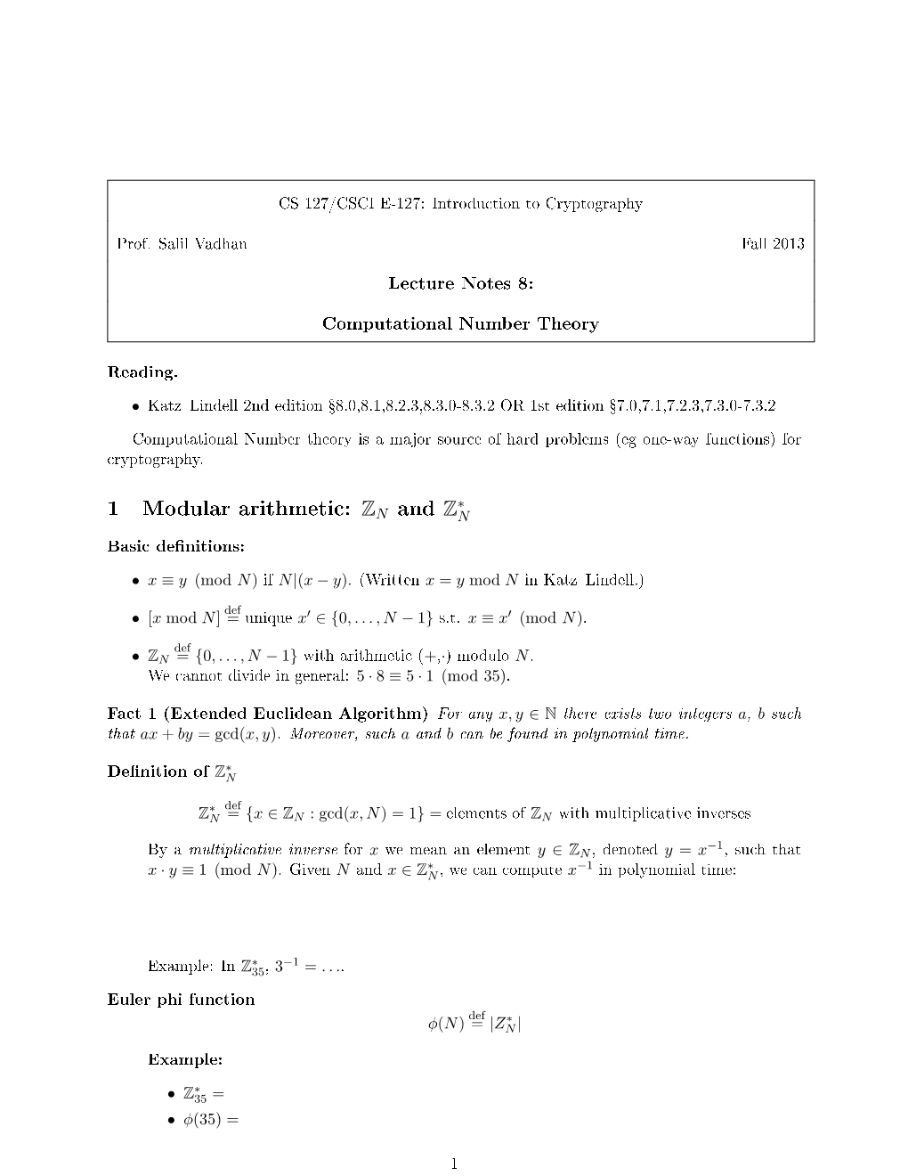 1 Modular Arithmetic: ZN and Z