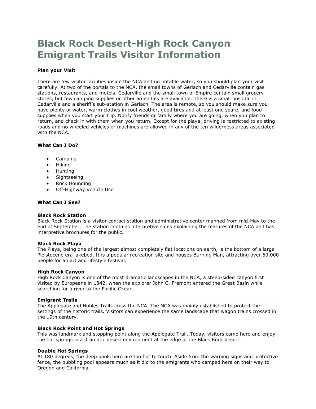 Black Rock Desert-High Rock Canyon Emigrant Trails Visitor Information