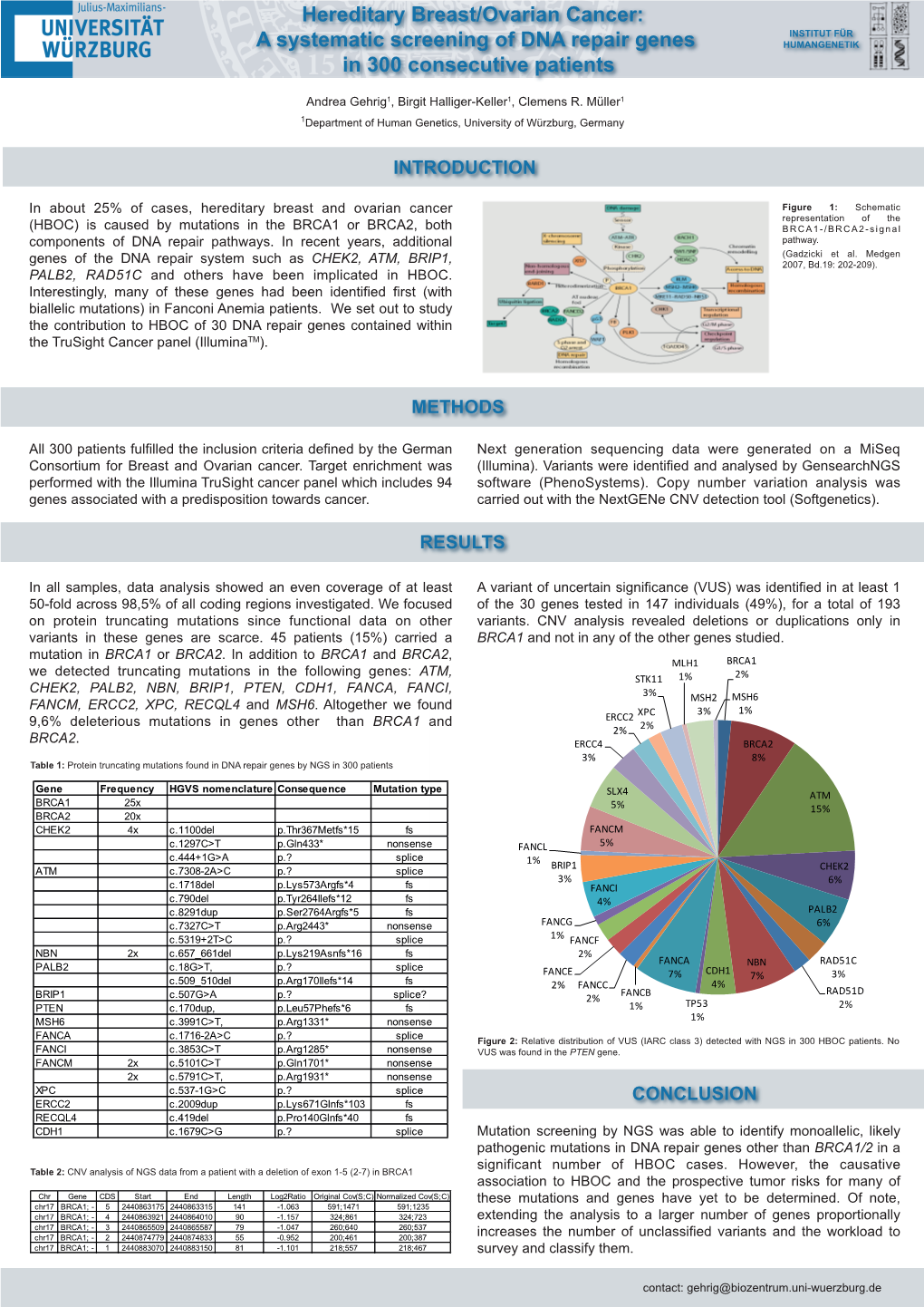 Hereditary Breast/Ovarian Cancer: INSTITUT FÜR a Systematic Screening of DNA Repair Genes HUMANGENETIK in 300 Consecutive Patients