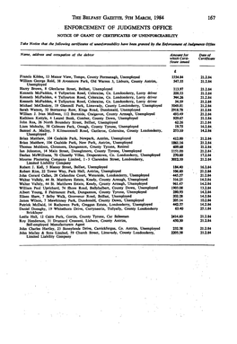 THE BELFAST GAZETTE, 9Ih MARCH, 1984 167 ENFORCEMENT of JUDGMENTS OFFICE NOTICE of GRANT of CERTIFICATES of UNENFORCEABILITY