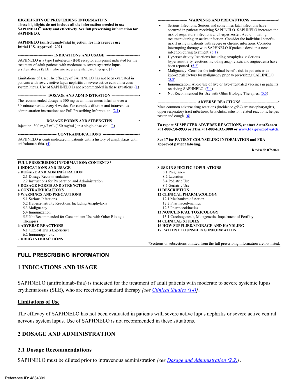 Anifrolumab-Fnia) Injection, for Intravenous Use Risk If Using in Patients with Severe Or Chronic Infections