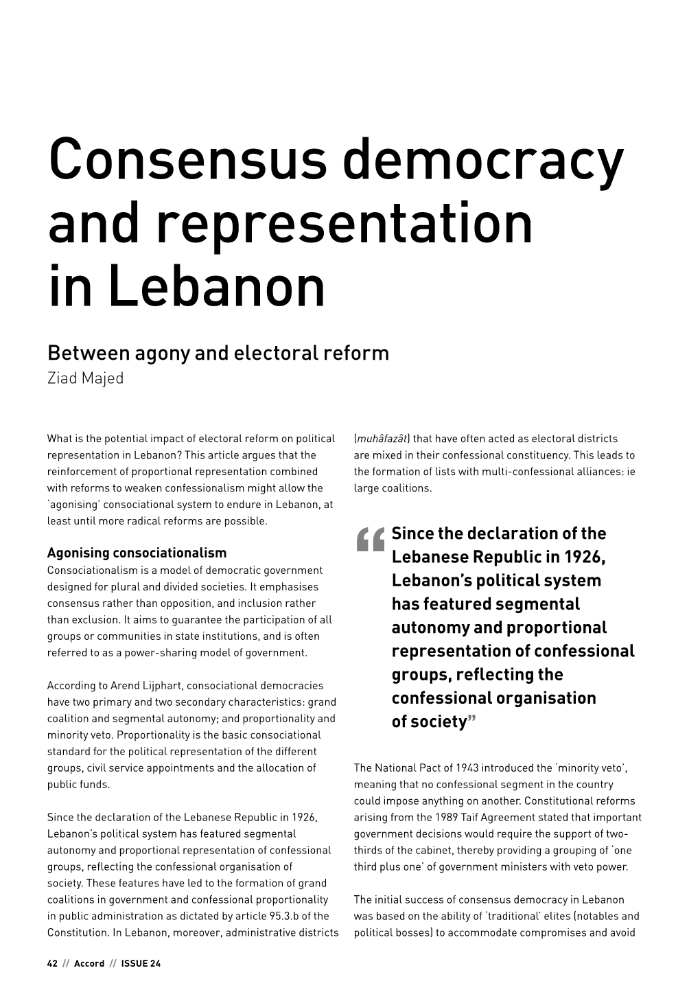 Consensus Democracy and Representation in Lebanon