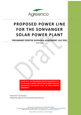 PROPOSED POWER LINE for the SONVANGER SOLAR POWER PLANT PRELIMINARY DESKTOP AVIFAUNAL ASSESSMENT- JULY 2021 Draft Report