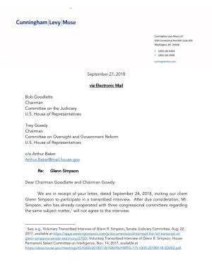Letter to Chairmen Goodlatte and Gowdy September 27, 2018 Page 1 of 6 September 27, 2018 Bob Goodlatte Chairman Committee On