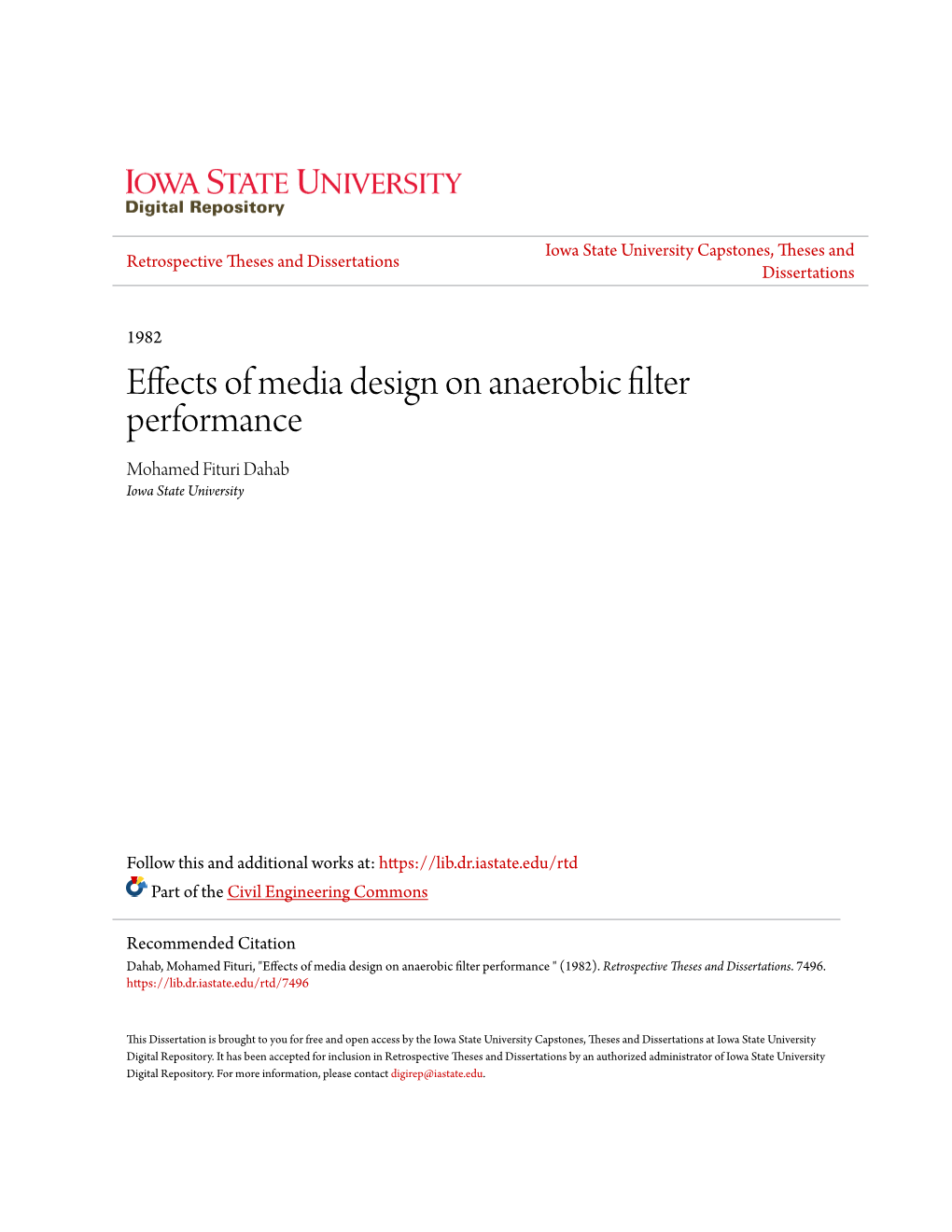 Effects of Media Design on Anaerobic Filter Performance Mohamed Fituri Dahab Iowa State University