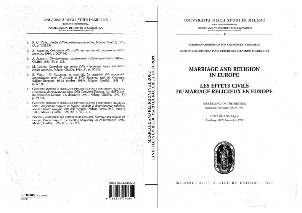 Marriage and Religion in Europe Les Effets Civils Du Mariage Religieux En Euro Pe