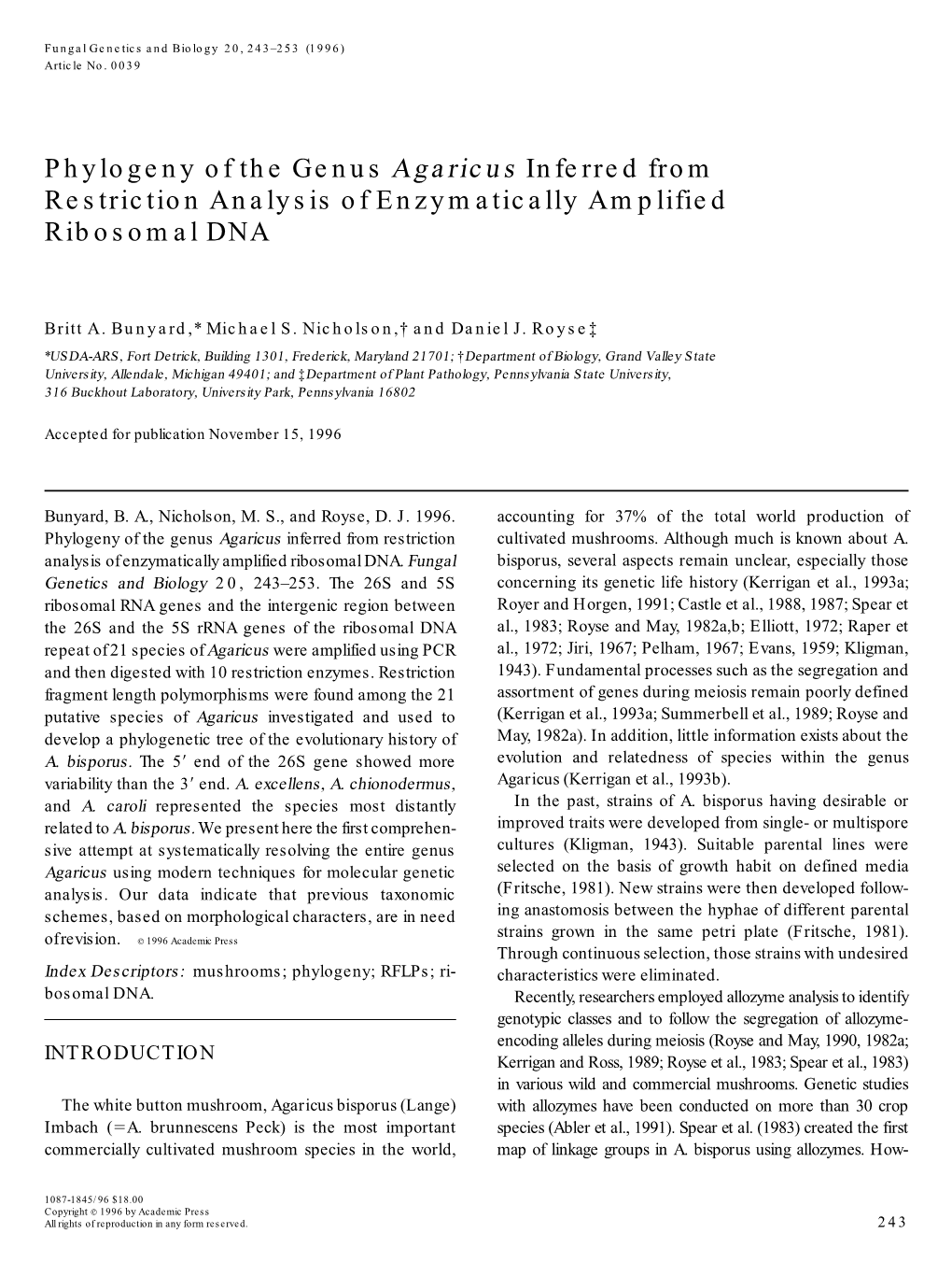 Phylogeny of the Genus Agaricus Inferred from Restriction Analysis of Enzymatically Amplified Ribosomal DNA