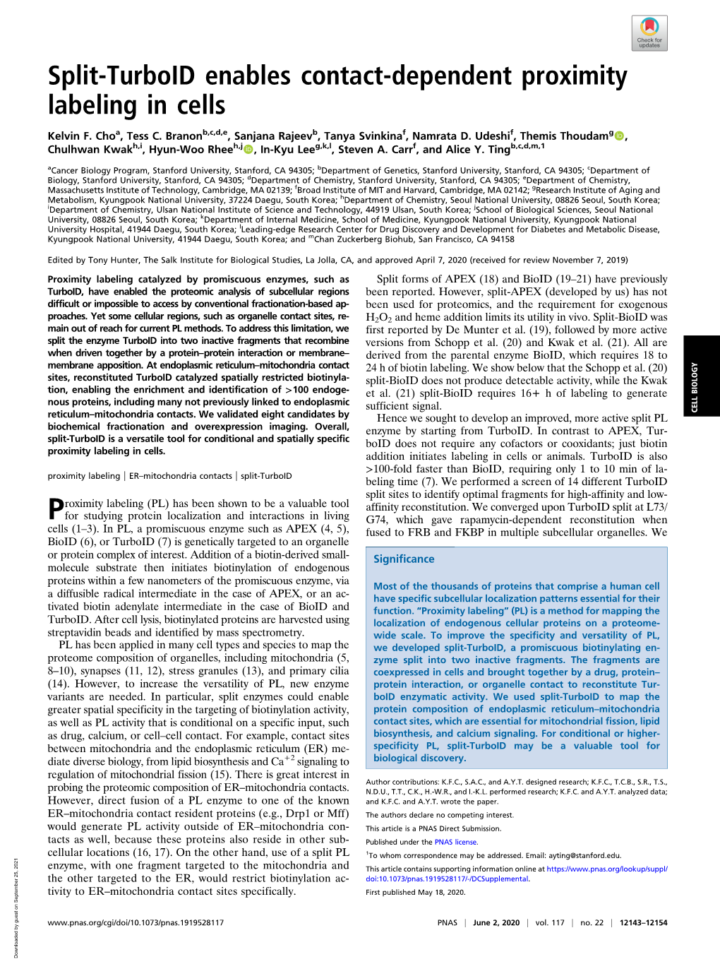 Split-Turboid Enables Contact-Dependent Proximity Labeling in Cells