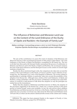 The Influence of Bohemian and Moravian Land Law on the Content of the Land Ordinance of the Duchy of Opole and Racibórz: the Example of Family Law*