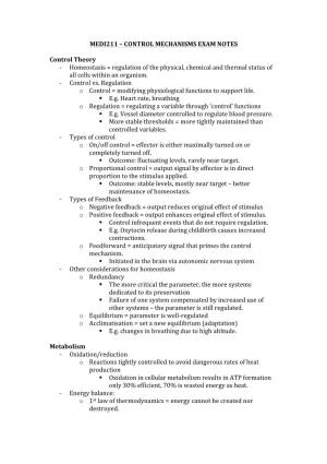 Medi211 – Control Mechanisms Exam Notes