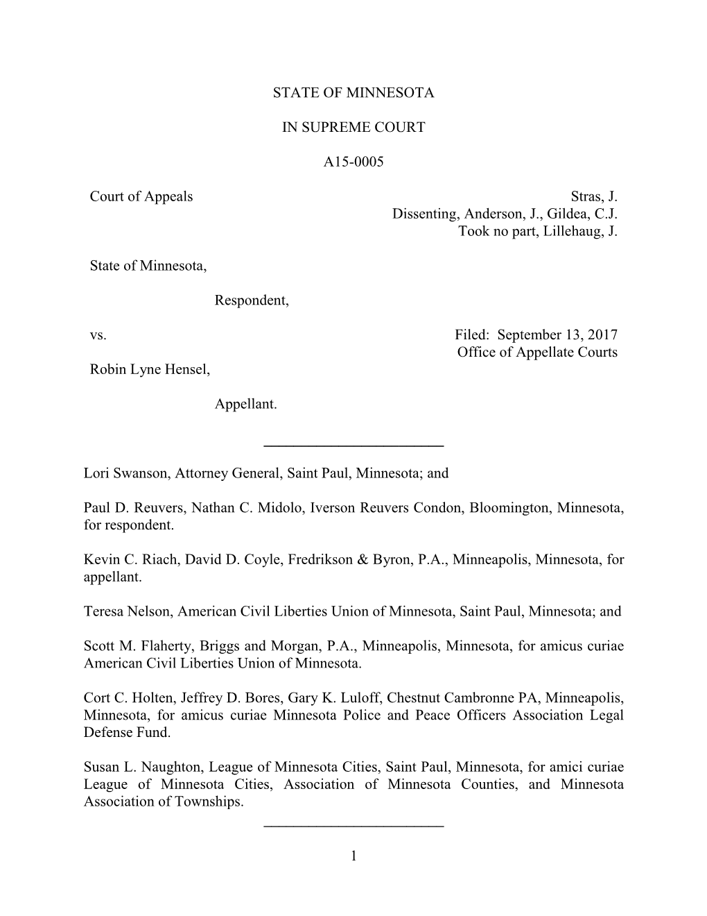 1 State of Minnesota in Supreme Court A15-0005