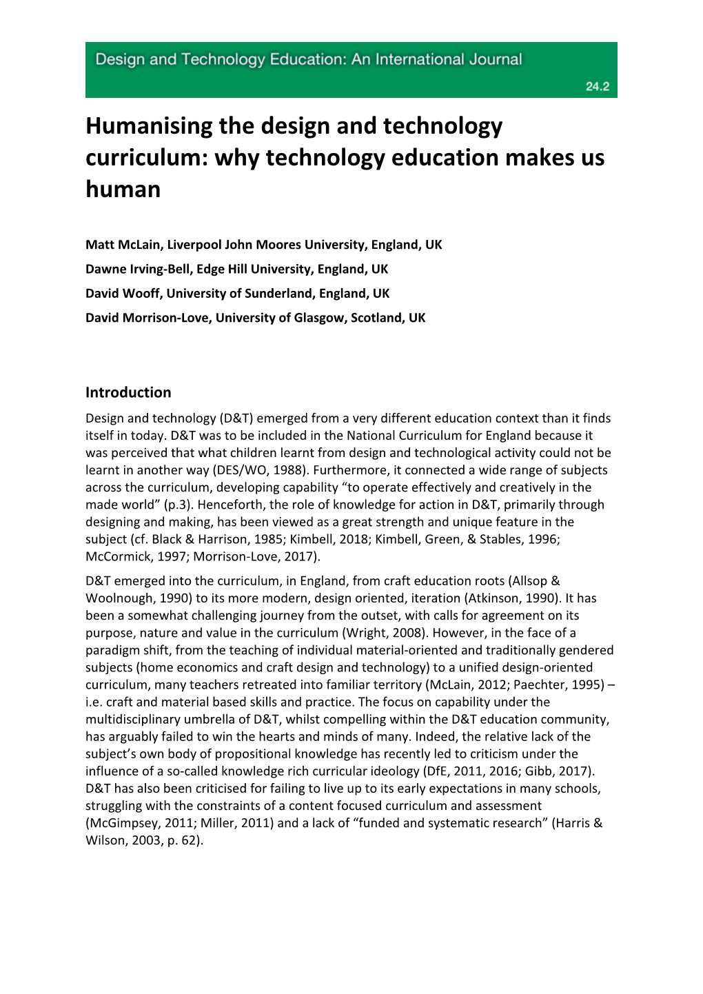 Humanising the Design and Technology Curriculum: Why Technology Education Makes Us Human