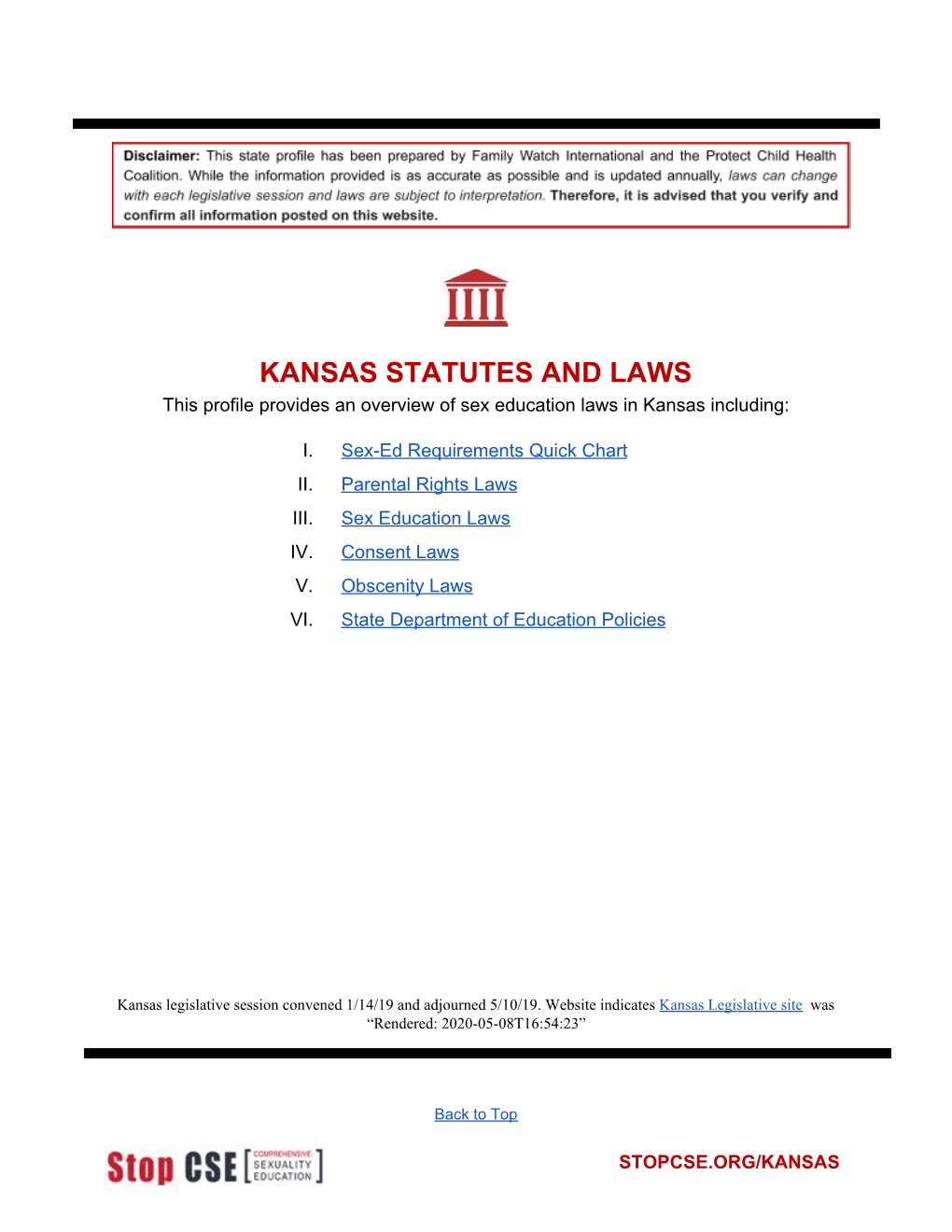 KANSAS STATUTES and LAWS This Profile Provides an Overview of Sex Education Laws in Kansas Including