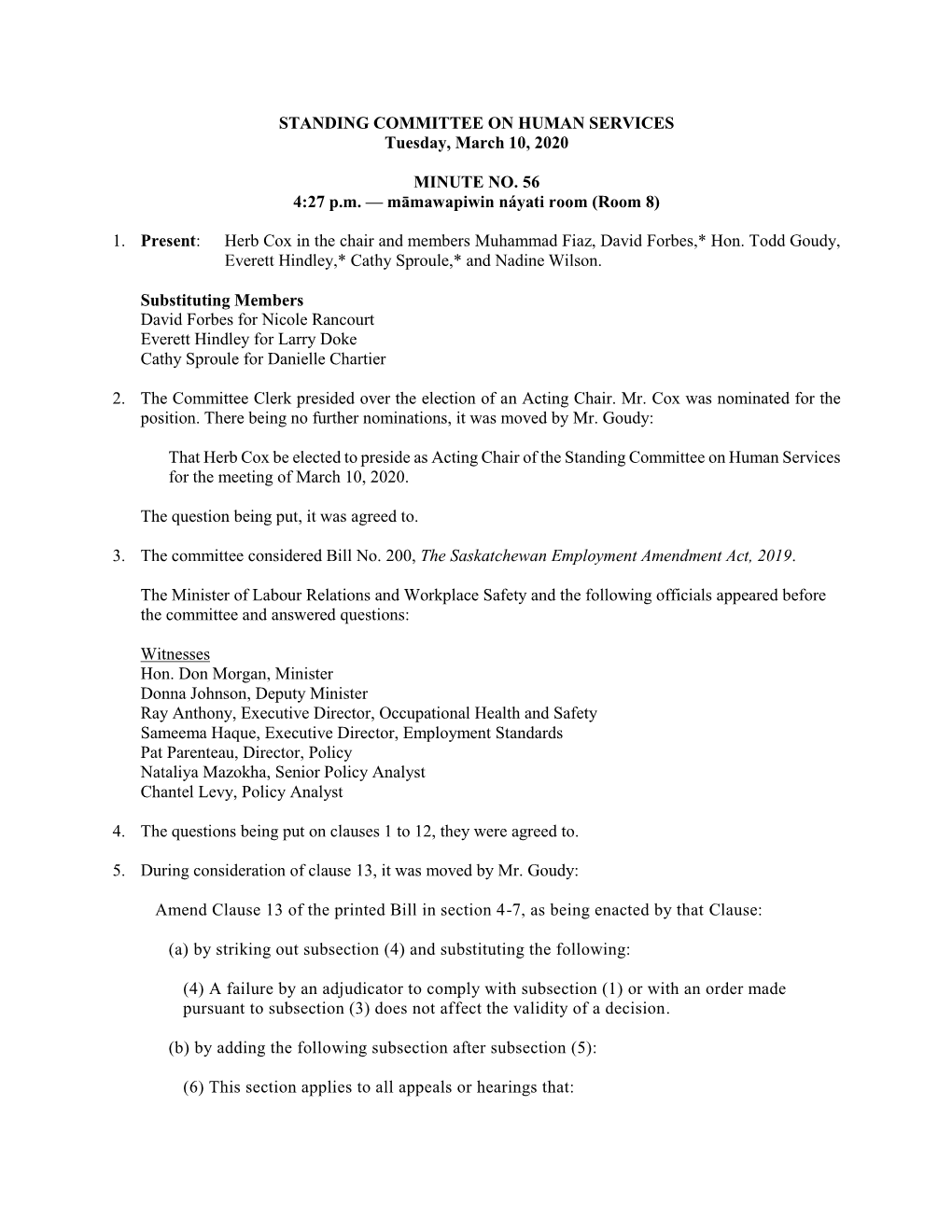 STANDING COMMITTEE on HUMAN SERVICES Tuesday, March 10, 2020