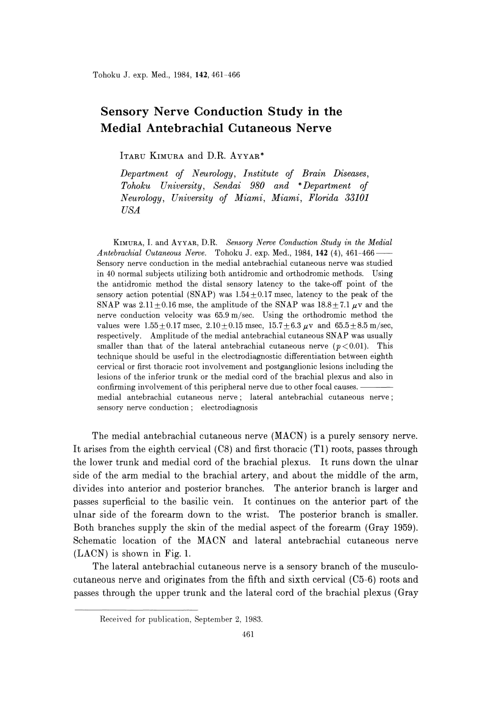 Sensory Nerve Conduction Study in the Medial Antebrachial Cutaneous Nerve