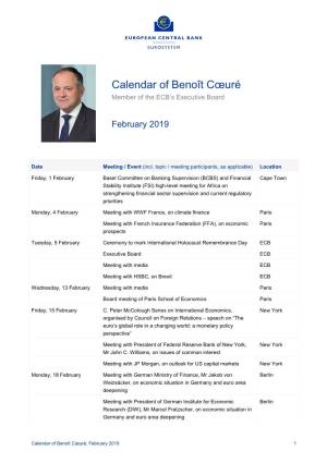 Calendar of Benoît Cœuré, February 2019 1