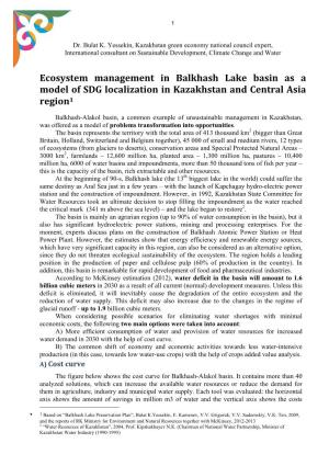 Ecosystem Management in Balkhash Lake Basin As a Model of SDG Localization in Kazakhstan and Central Asia Region1