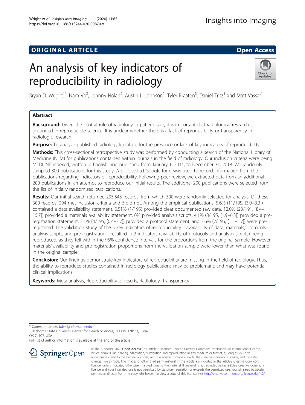 An Analysis of Key Indicators of Reproducibility in Radiology Bryan D