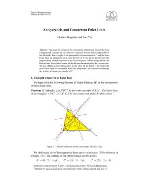 Antiparallels and Concurrent Euler Lines