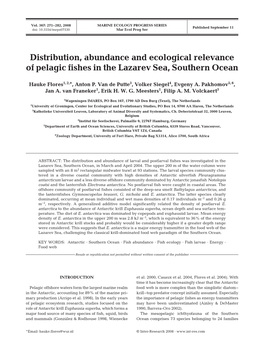 Distribution, Abundance and Ecological Relevance of Pelagic Fishes in the Lazarev Sea, Southern Ocean