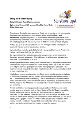 Story and Serendipity Betty Gilderdale Award Spring Lecture by Lorraine Orman, 2020 Winner of the Storylines Betty Gilderdale Award