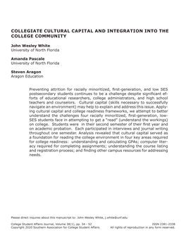 Collegiate Cultural Capital and Integration Into the College Community