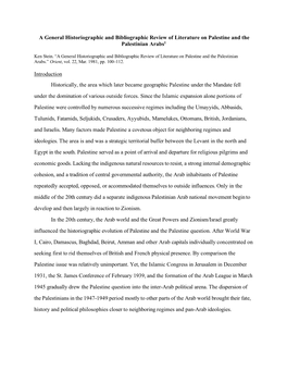 A General Historiographic and Bibliographic Review of Literature on Palestine and the 1 Palestinian Arabs