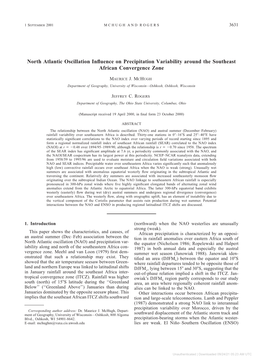 North Atlantic Oscillation Influence on Precipitation Variability Around the Southeast African Convergence Zone