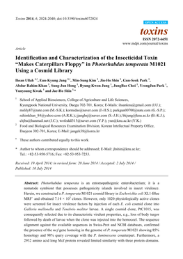 Identification and Characterization of the Insecticidal Toxin “Makes Caterpillars Floppy” in Photorhabdus Temperata M1021 Using a Cosmid Library