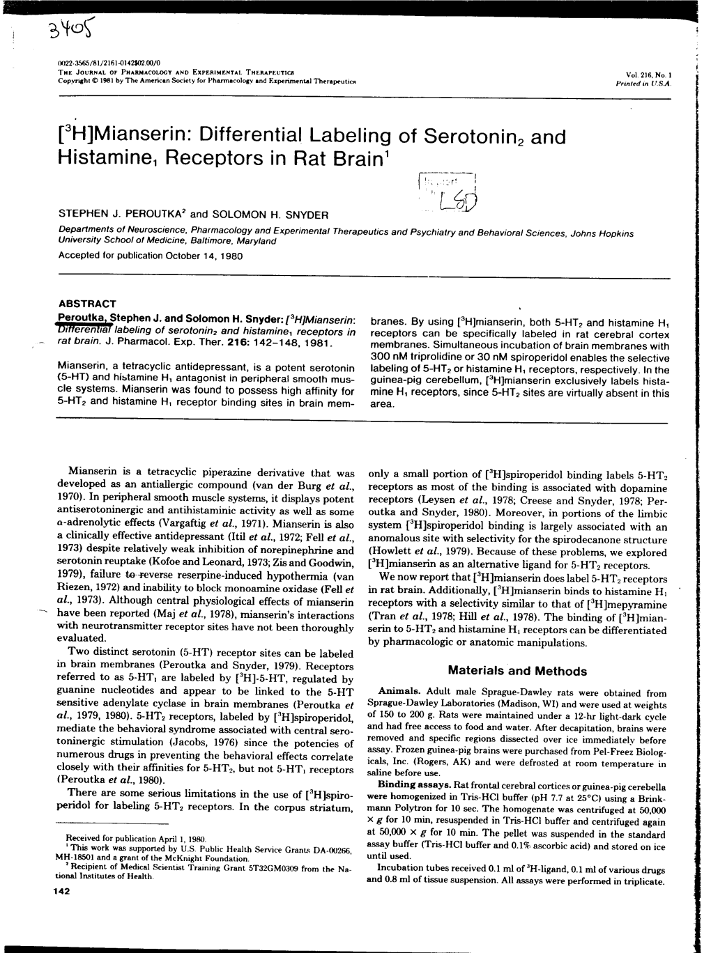 [3H]Mianserin" Differential Labeling of Serotonin2 and Histamine, Receptors in Rat Brain' F":, , I .-F I "R I