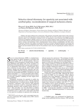 Selective Dorsal Rhizotomy for Spasticity Not Associated with Cerebral Palsy: Reconsideration of Surgical Inclusion Criteria