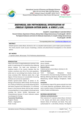 Anatomical and Phytochemical Investigation of Embelia Tsjeriam-Cottam (Roem