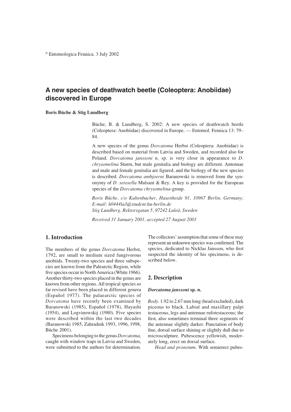 Coleoptera: Anobiidae) Discovered in Europe